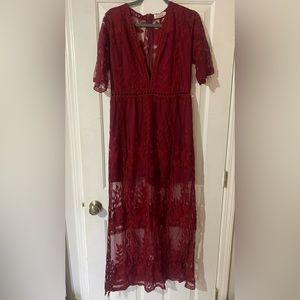 Maroon lace Maxi with romper underneath size XL